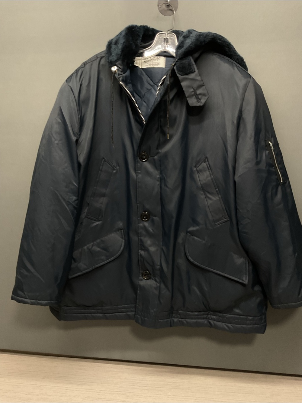 VTG Navy Flight Jacket Full Zip Bomber Men’s Size XL Faux Fur Collar